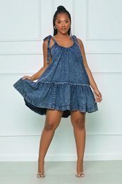 Casual Dresses Echoine Lace Up U-neck Ruffle Mini Dress Blue Denim Sleeveless Loose Sexy Vintage Vestidos Holidays Jeans Summer