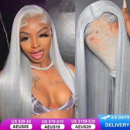 13x4 Sliver Grey Straight Human Hair Wigs HD Transparent Bone Straight Lace Frontal Wigs Grey Coloured Brazilian Hair Lace Wigs