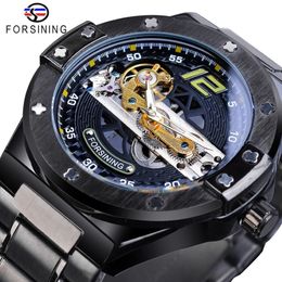 Forsining Classic Bridge Mechanical Watch Men Black Automatic Transparent Gear Full Steel Band Racing Male Sport Watches Relogio277g