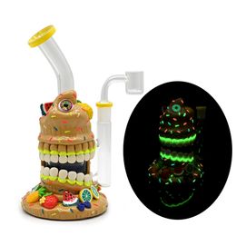 Glass Bubbler With Fixed Diffuser Downstem Water Pipe Bong,Hand Painted Coloured Polymer Clay,Glow In Dark,Glass Smoking Pipes With Cartoon Fruit,Glass Hookah
