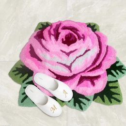 Carpets 80X60cm Anti-slip 3D Rose Carpet Doormat Handmade Tea Table Pink Embroidery Door Mat For Living Room Area Rug