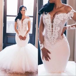 Size African Mermaid Plus Dresses Sexy Long Sleeve Backless Lace Off Shoulder Bridal Wedding Gowns Custom Made Vestidos De Novia