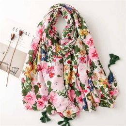 Sarongs Cross border foreign trade plant and flower series light Coloured printed beach towel with long hanging tassel soft cotton linen scarf 24325