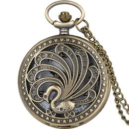 Bronze Vintage Hollow Peacock Design Pocket Watch Animal Quratz Watches With Necklace Chain for Women Men Kids orologio da tasca2164