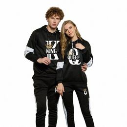 King QUEEN Stampato Coppia Tuta Felpa in tinta unita e pantaloni sportivi Set Abbigliamento sportivo casual Abbigliamento con cappuccio Tuta N7Mx #