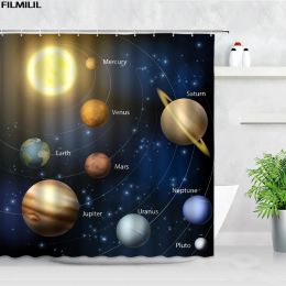 Curtains Space Planet Starry Sky Shower Curtains Earth Solar System Retro Map Home Waterproof Fabric Bath Curtain Children Bathroom Decor