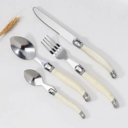 Sets 4/6/24pcs Laguiole Silverware Steak Knives Forks Spoons Teaspoon Set Stainless Steel Ivory white Plastic Handle Kitchen Cutlery