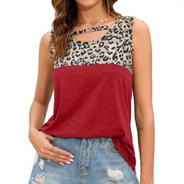 Women's T Shirts Summer Round Neck Sleeveless Leopard Print Patchwork Loose Vest T-shirt Top