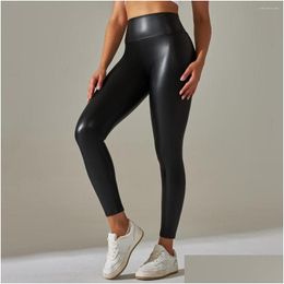 Active Pants Cuties Shiny High Waist Pu Leather Leggings Woman Booty Lifting Gym Fitness Yoga Casual Workout Sports Compression Tight Dhnwg