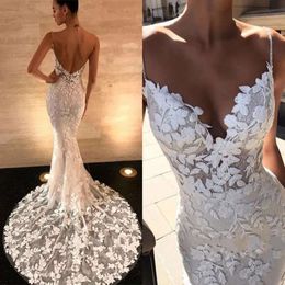 Wedding Dresses Mermaid New V Neck Long Sleeves Full Lace Appliques Front Split Sheer Sweep Train Backless Plus Size