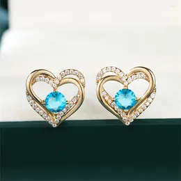 Stud Earrings Vintage Hollow Love Heart Tiny for Women Aqua Blue Crystal Round Stone Jewellery Trendy Gold Colour Mothers Day Gift