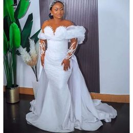 Oct Arabic Ebi Aso Plus Size White Mermaid Wedding Dress Sequined Lace Detachable Train Bridal Gowns Dresses ZJ Es es