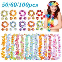 Wreaths 40100Pcs Hawaiian Wreath Hawaiian Leis Beach Party Artificial Flowers Garland Tropical Hawaii Luau Necklace Wedding Decoration