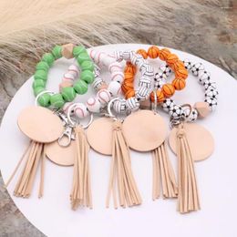 Keychains 2024 Sports Series Small Gift Key Chain Football Volleyball Baseball Softball Pattern Wooden Bead Wrist Tassel Ring