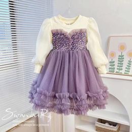 Girl Dresses Girls Long Sleeve Dress Autumn Winter Velvet Thickened Party Princess Fashion Sequin Mesh A-line Birthday