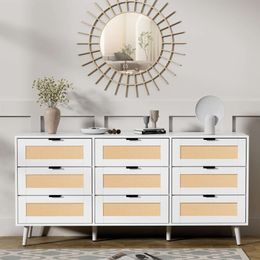 Anbuy 9 Drawer Double Dresser, Dual Chest of Drawers Modern Dresser for Bedroom with Rattan Door (white)