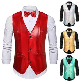 Men's Vests Men Vest Bow Tie Set Glossy Surface V Neck Single-breasted Sleeveless Pockets Retro Disco Groom Wedding Party Waistcoat