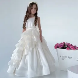 Girl Dresses 2024 Layered Satin Flower Dress For Wedding Puffy O-neck Tulle Sleeveless With Bow Kids Birthday Ball First Communion Gown