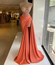 Evening Spaghetti Straps Dresses Ruched Side Split Lace Beaded Formal Prom Party Gowns Elegant Vestido De Dress