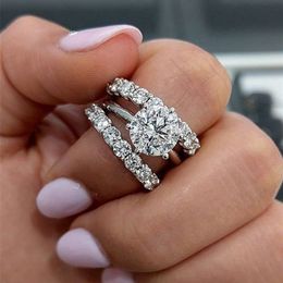2024 Choucong Ins Top Sell Wedding Rings Luxury Jewellery 925 Sterling Silver Fill 3PCS Round Cut 5A Cubic Zircon CZ Diamond Women Bridal Ring Set For Mother Day Gift