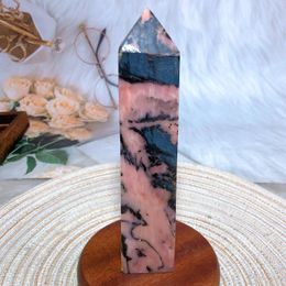 Decorative Figurines Natural Crystal Rhodonite With Black Tourmaline Tower Point Painting High Quality Healing Mineral Stone Holiday Gift