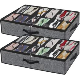 Bins 12 Grid Foldable Under Bed Shoe Storage Organizer Dustproof Non Woven Storage Box with Clear Window Space Saving Shoes Organizer