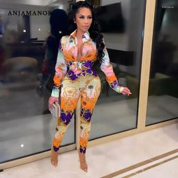 Women's Two Piece Pants ANJAMANOR Sexy Clubwear Bodycon Outfits For Womens Suits 2 Set Fashion Printed Long Sleeve Shirts Leggings D18-DH40