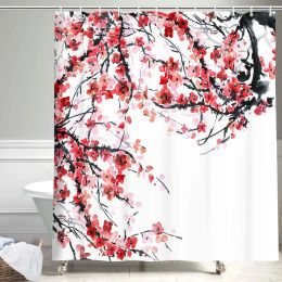 Curtains Ink Plant Flowers Shower Curtain Red Plum Japanese Cherry Blossom Bath Curtains Watercolour Print Modern White Bathroom Decor Set