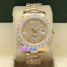 44mm Day Date A2813 Automatic Mens Watch Big Diamond Bezel Gypsophila Dial Rome Markers 18K Yellow Gold Steel Bracelet Watches Tim279v