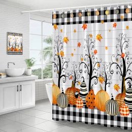 Curtains Autumn Pumpkin Shower Curtains Rustic Fall Maple Leaves Black and White Buffalo Check Plaid Farmhouse Fabric Home Bathroom Decor