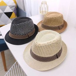 Wide Brim Hats Bucket Hats Childrens Summer Beach Straw Hat Jazz Panama Baby Net Sun Hat Solid Ribbon Casual Childrens Cowboy Hat J240325