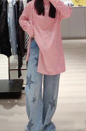 Women's Jeans 2024 High-quality Early Spring Rhinestone Stitching Technology Stars Stick Diamond Fashion Loose Straight Pants