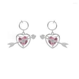 Hoop Earrings Fashion Cupid Arrow Through The Heart Pink Zircon Love Ear Buckle Original 925 Sterling Silver Creative Female