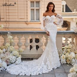 2024 Exquisite Off Shoulder Full Sleeves Sweetheart 2 In 1 Mermaid Wedding Dresses 3D-Floral Appliques Lace Trumpet Bridal Gowns New Arrival With Removable Train