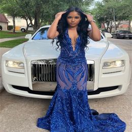 Sparkly Blue Sequin Prom Dresses For Black Girls Halter Mermaid Plus Size Evening Dress Backless Dance Birthday Party Gowns Elegant Formal Occasion Vestios Fiesta