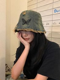 Berets Original Design Korean Retro Embroidered Butterfly Cowboy Fisherman Hat Female Wash To Do Old Bucket Trend