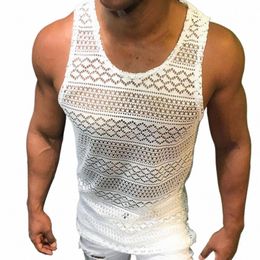 tank Top for Men Lace Hollow Out Sleevel Shirts Summer Mens Clothing Slim Fit Gym Clothes Workout Solid Color Vest Tops 2022 45dL#