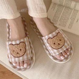 Slippers Cute Bear Women's Spring Autumn Soft Bottom Plaid Mixed Color Open-toe Linen Comfortable Home Shoes Chausson Femme