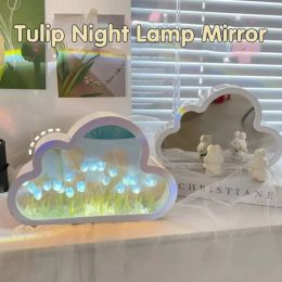Mirrors DIY Cloud Tulip Night Light Handmade Clouds Tulip Lamp Girl Bedroom Ornaments Creative Photo Frame Mirror Cloud Birthday Gifts