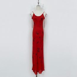 Женское платье США Модный бренд шелкового красного цвета с цветочным принтом без рукавов платье-комбинация