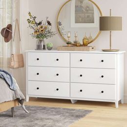 Hasuit 6 Drawer Double Dresser, 55.3'' Long Chest of Drawers, Large Capacity Solid Wood Storage Cabinet, White Dresser for Bedroom, Living Room, Hallway