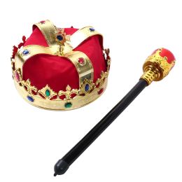 Hats 2Pcs King Crown Hat Sceptre Cosplay Props Children Masquerade Costume Accessories King Prince Crown Decoration Party Supplies