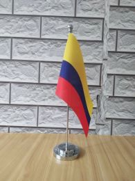 Accessories Colombia Office table desk flag with gold or silver metal flagpole base 14*21cm country flag free shipping NO.0046