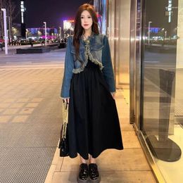 Work Dresses Large Size Spring And Autumn Women's Suit 2024 Korean Style Denim Coat Black Long Dress Two-piece Set Sets Q337