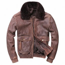 mens Brown Air Force Flight Leather Jacket Vintage Wool Collar Plus Size Genuine Cowhide Winter Russian Aviator Pilot Coat Male a9gY#