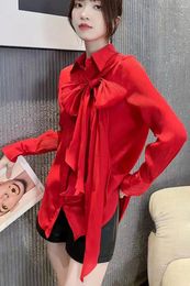 Women's Blouses Lace Up Big Bow Camisas For Woman Long Loose Causal Shirt 2024 Spring Sleeve Red Office Lady Chic Shirts Tops