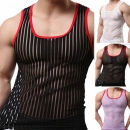 summer Men Undershirt Trendy Sports Vest Striped Shirt Elastic Mesh Yarn Tees Bottoming Shirt 3D Cutting Fitn Vest Streetwear k3p5#
