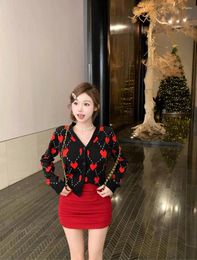 Work Dresses Korean Sweet Girl Suit Women's Autumn/Winter V-neck Love Sweater Red Wrapped Hip Mini Skirt Two-piece Set Fashion Female