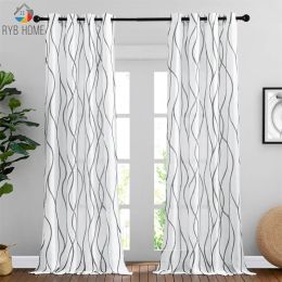 Curtains RYBHOME 2 Colours Decoration Sheer Curtains Geometric Alternation for Porch Exterior Voile with Grommet Christmas Curtains