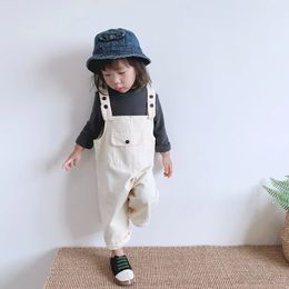 Autumn Children Pocket Denim Overalls Boy Kid Solid Simple Suspender Jumpsuit Girl Baby Loose Casual Pants Infant Cotton Trouser 240323